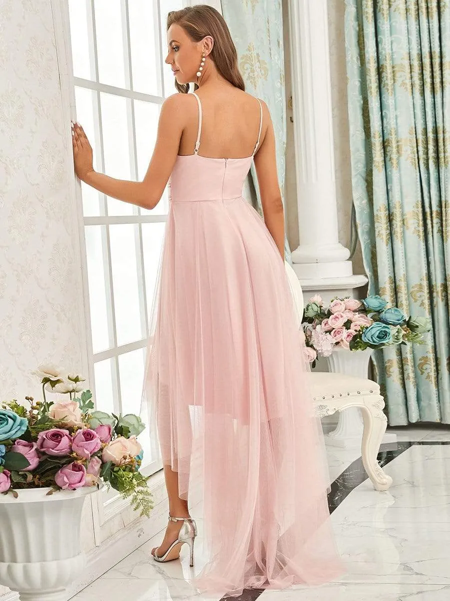 V Neck High-low Hem Pleated Tulle Prom Dress