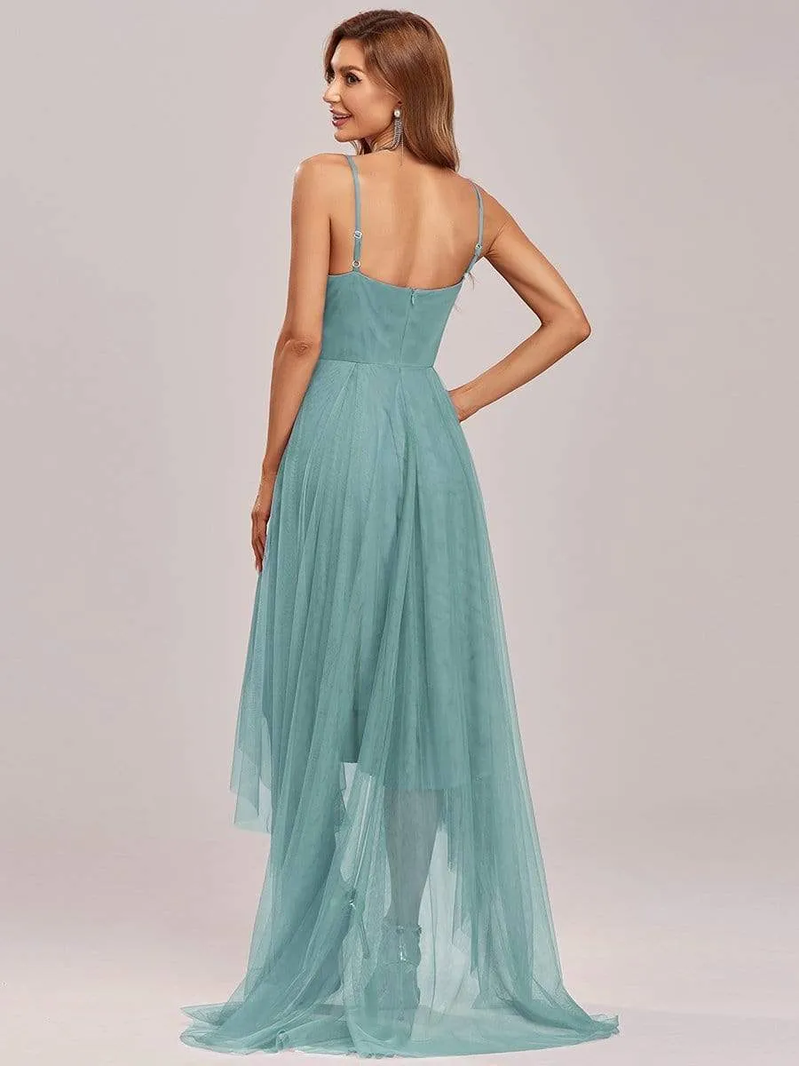 V Neck High-low Hem Pleated Tulle Prom Dress