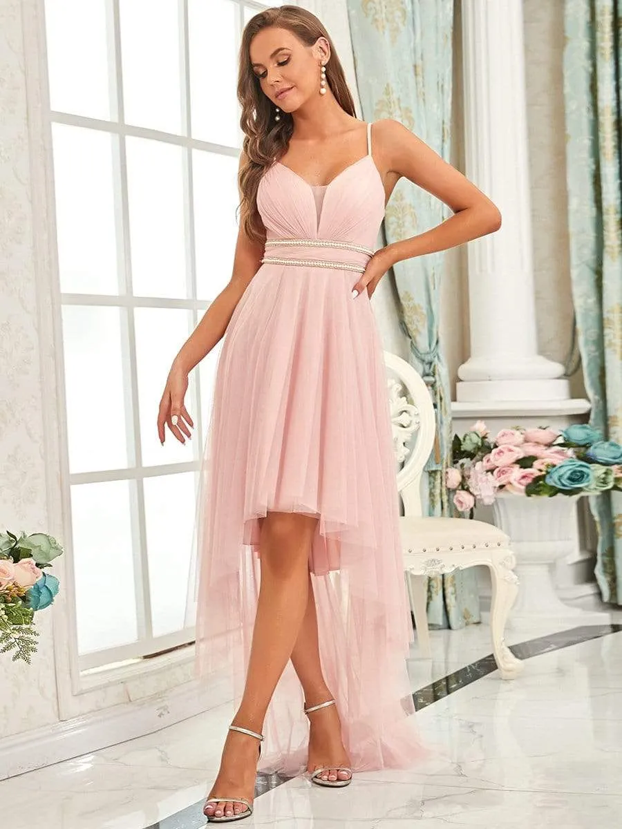 V Neck High-low Hem Pleated Tulle Prom Dress