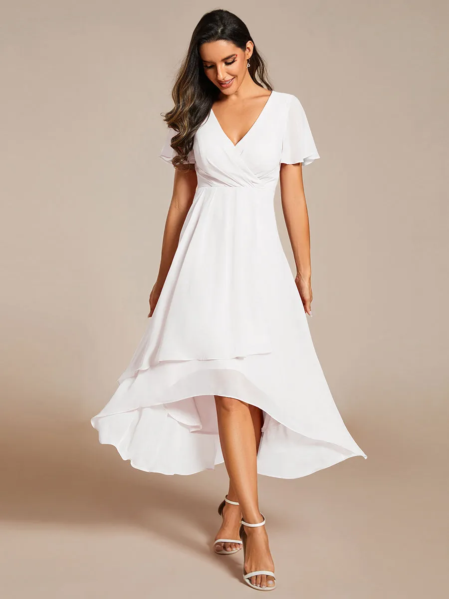 V-Neck Midi Chiffon Wedding Guest Dresses with Ruffles Sleeve