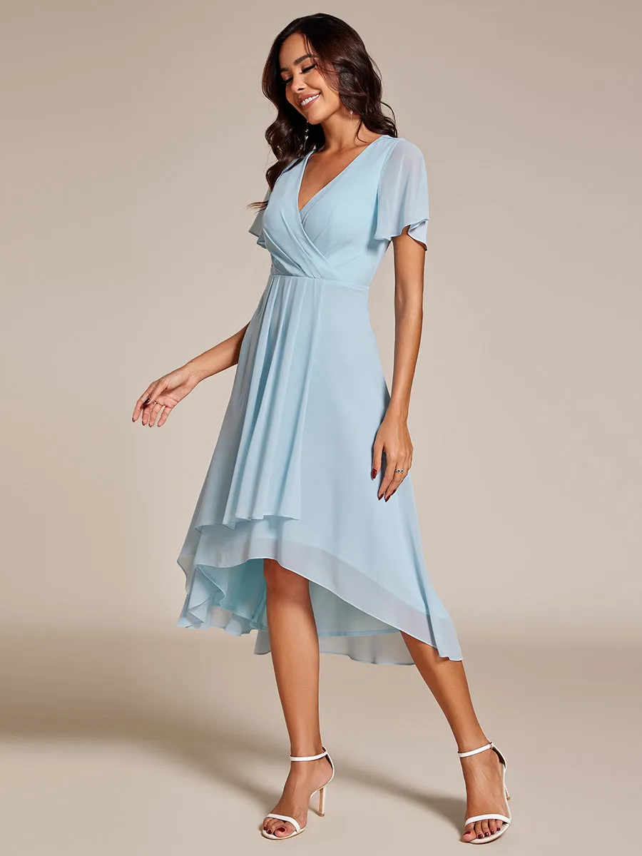 V-Neck Midi Chiffon Wedding Guest Dresses with Ruffles Sleeve