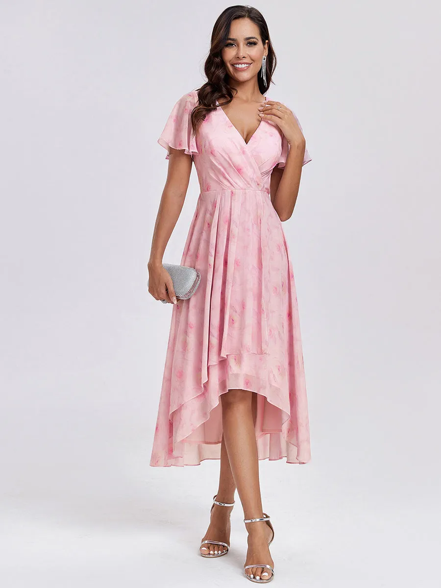 V-Neck Midi Chiffon Wedding Guest Dresses with Ruffles Sleeve