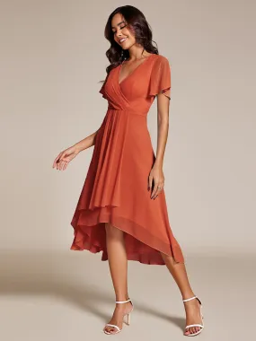 V-Neck Midi Chiffon Wedding Guest Dresses with Ruffles Sleeve