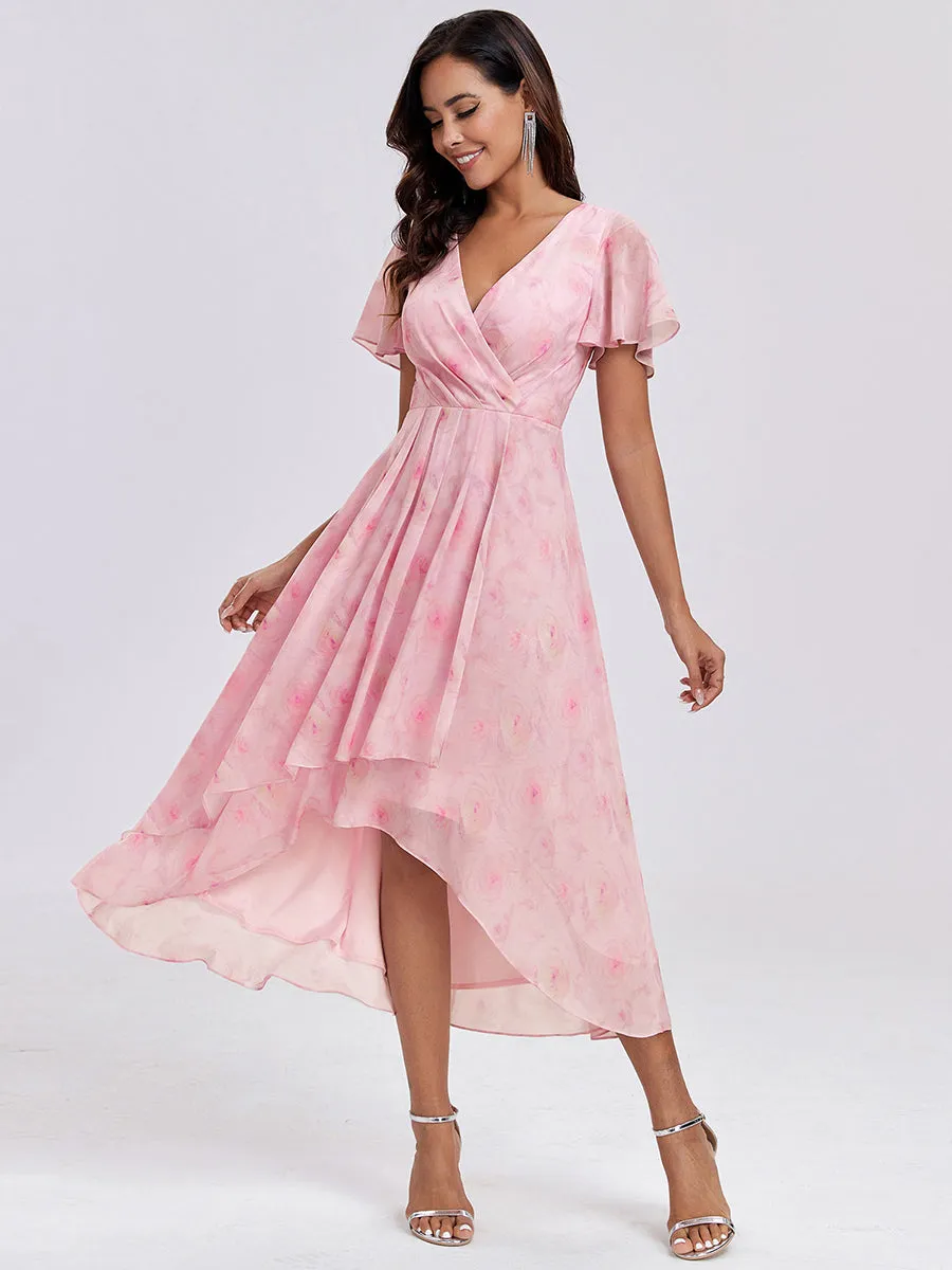 V-Neck Midi Chiffon Wedding Guest Dresses with Ruffles Sleeve