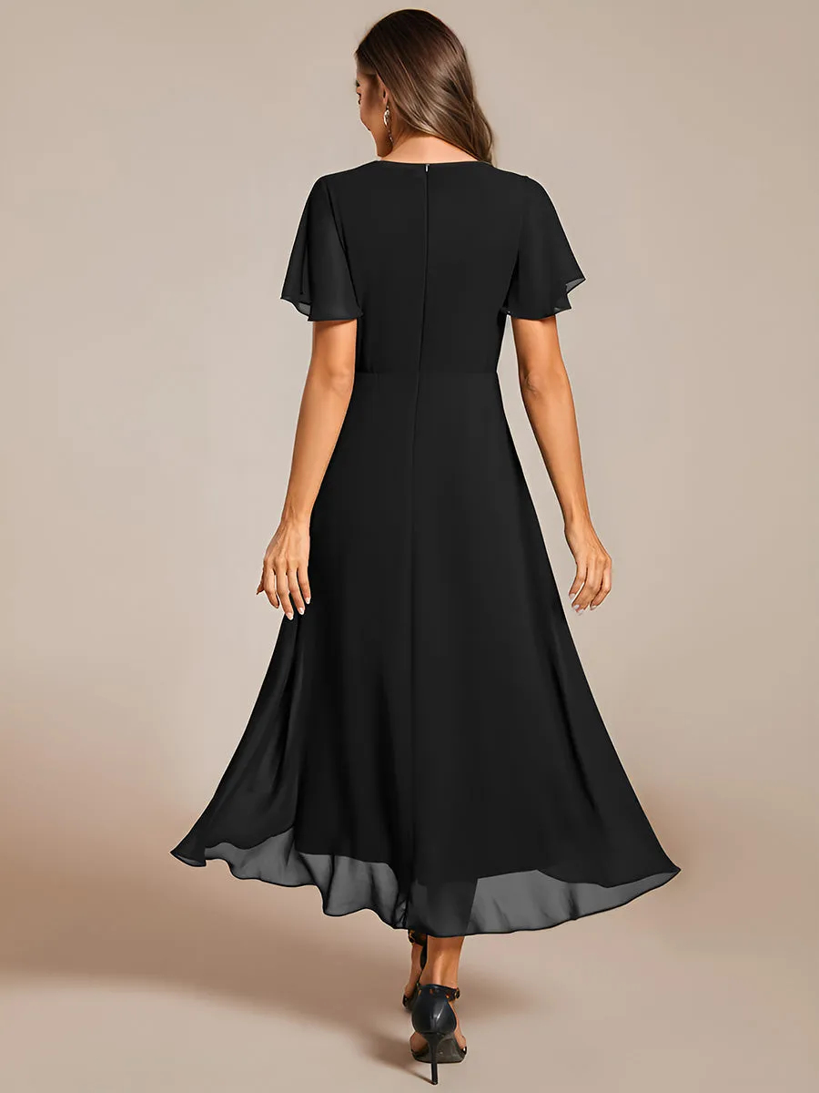 V-Neck Midi Chiffon Wedding Guest Dresses with Ruffles Sleeve