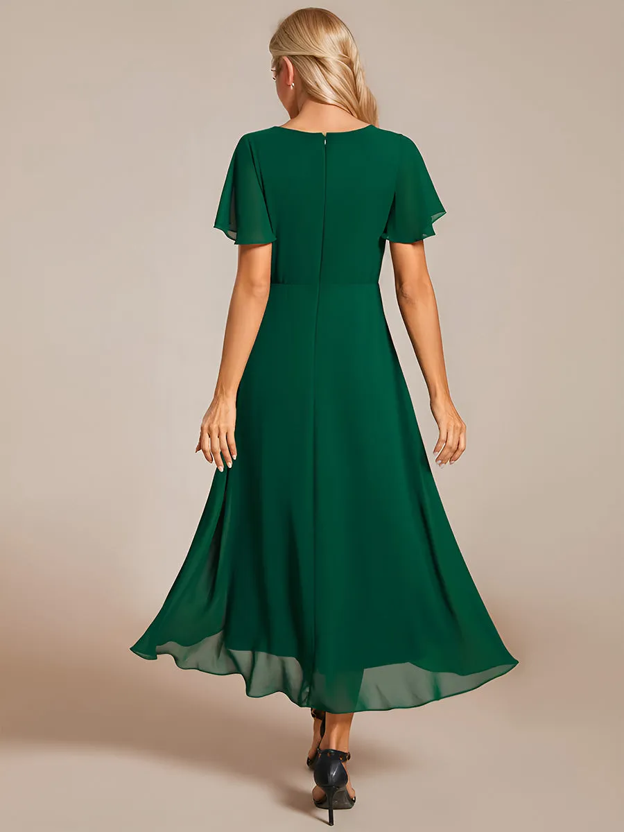 V-Neck Midi Chiffon Wedding Guest Dresses with Ruffles Sleeve