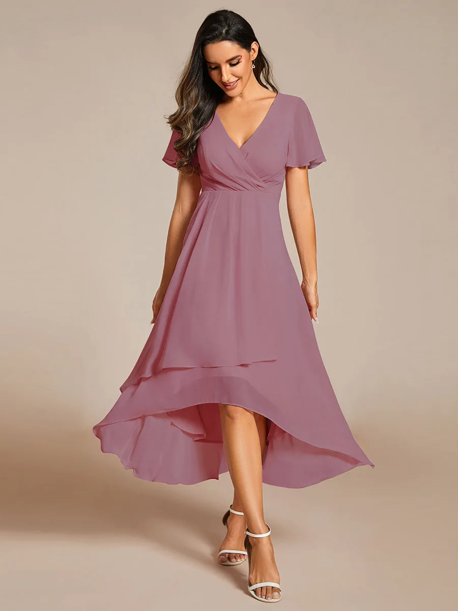 V-Neck Midi Chiffon Wedding Guest Dresses with Ruffles Sleeve