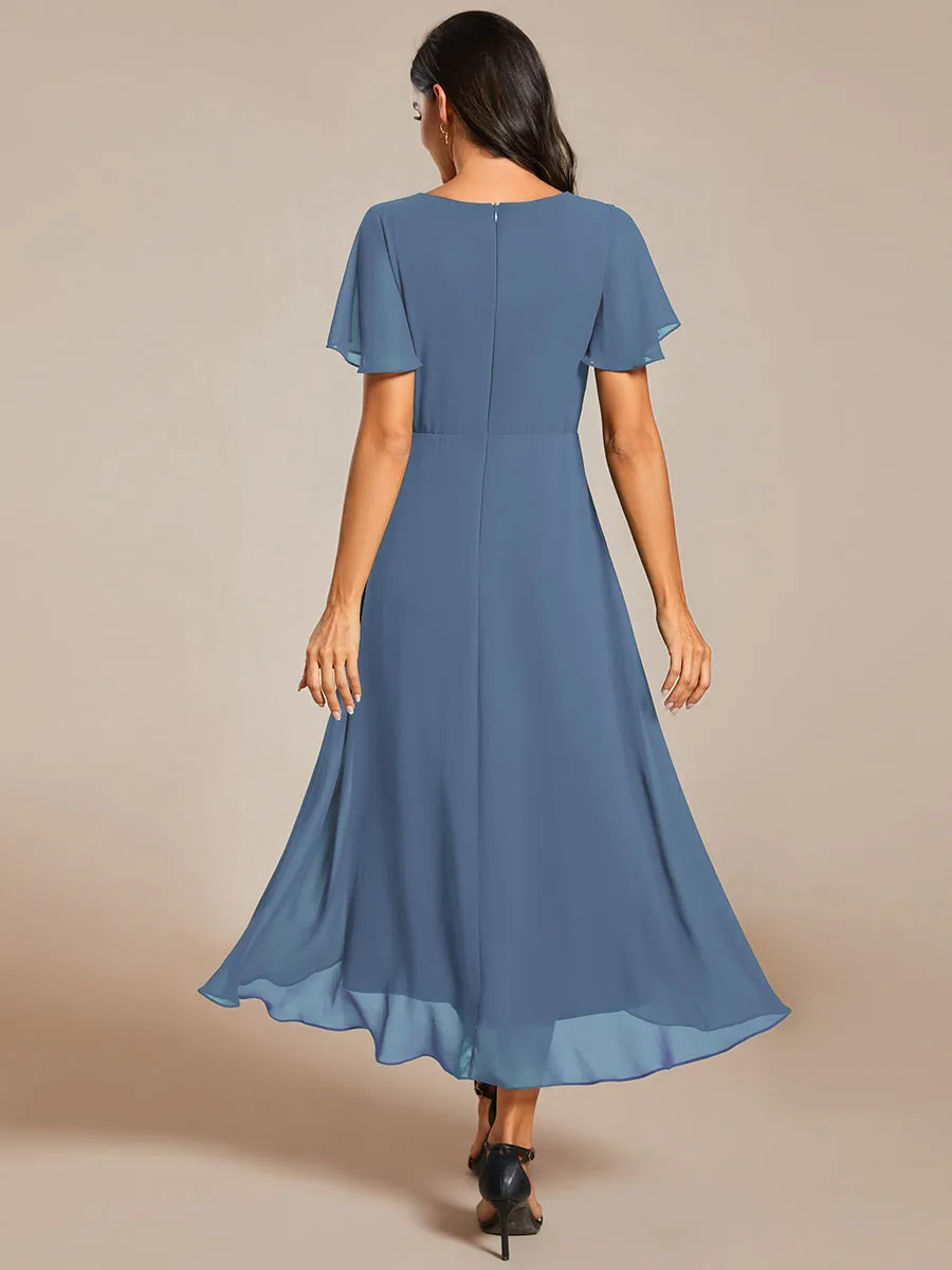 V-Neck Midi Chiffon Wedding Guest Dresses with Ruffles Sleeve