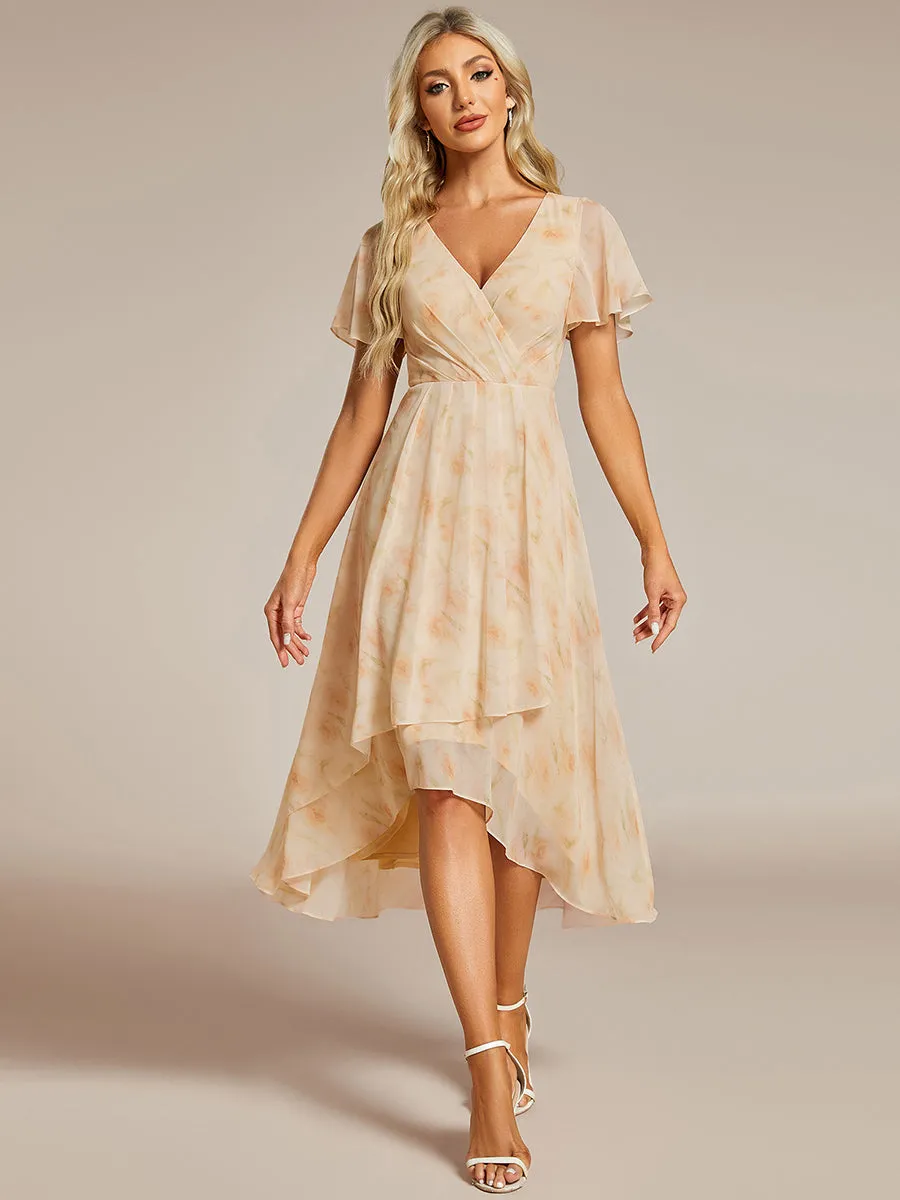 V-Neck Midi Chiffon Wedding Guest Dresses with Ruffles Sleeve