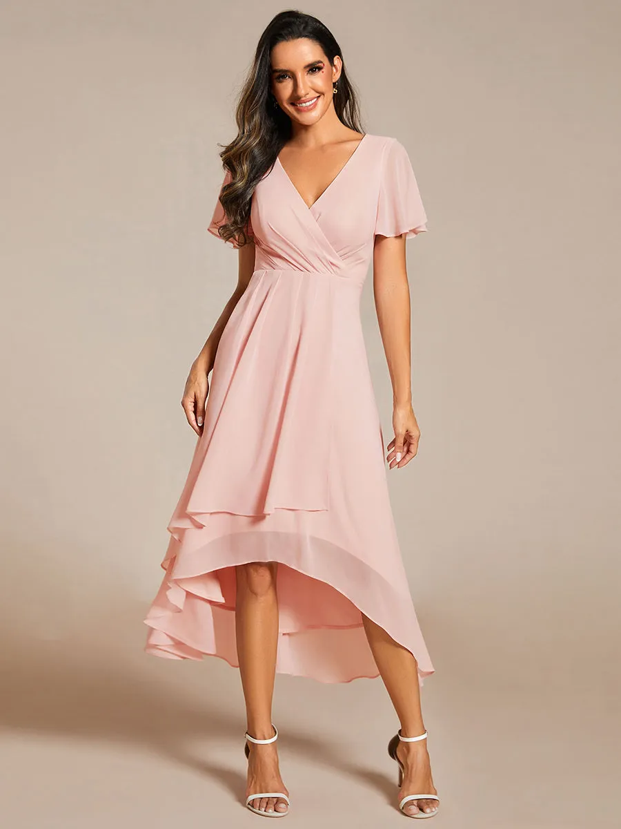 V-Neck Midi Chiffon Wedding Guest Dresses with Ruffles Sleeve