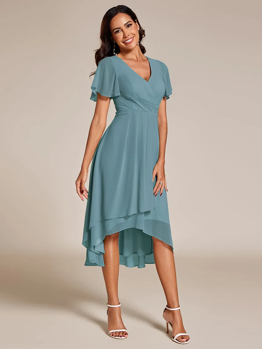 V-Neck Midi Chiffon Wedding Guest Dresses with Ruffles Sleeve