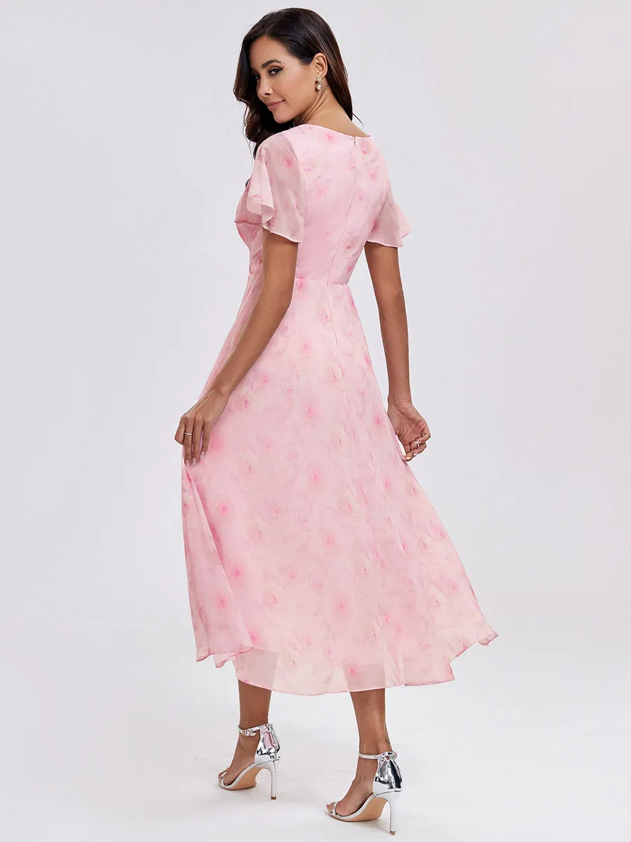 V-Neck Midi Chiffon Wedding Guest Dresses with Ruffles Sleeve