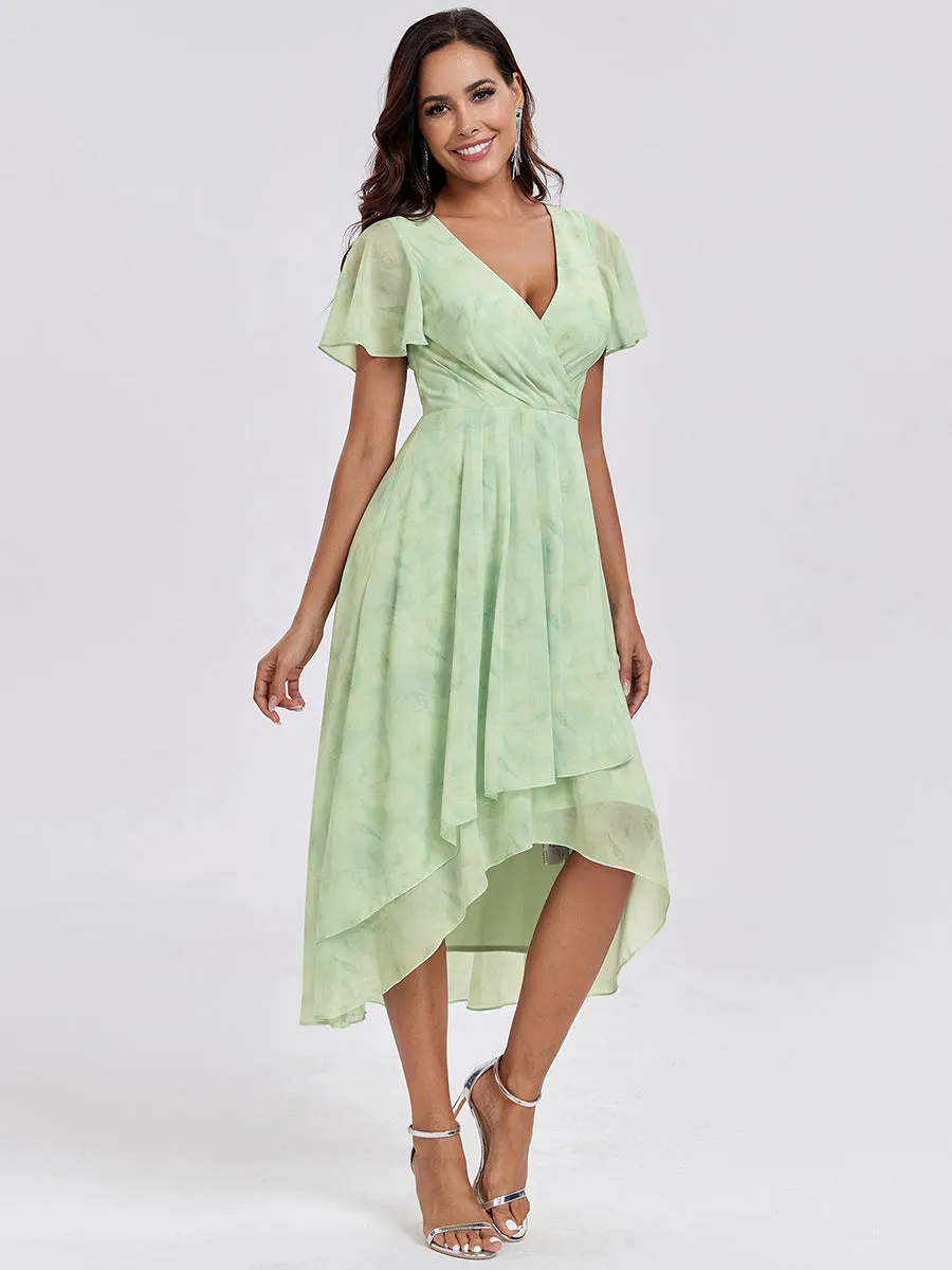 V-Neck Midi Chiffon Wedding Guest Dresses with Ruffles Sleeve