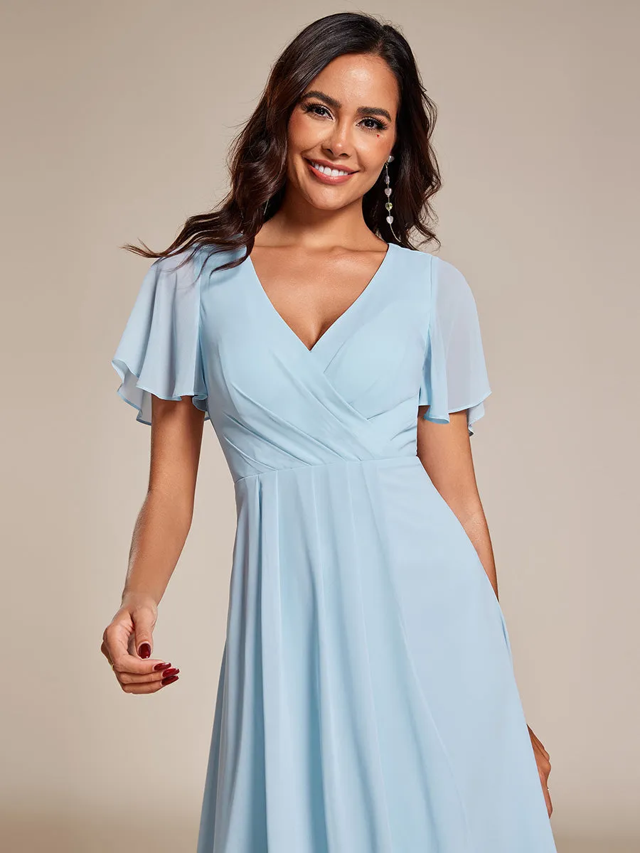 V-Neck Midi Chiffon Wedding Guest Dresses with Ruffles Sleeve