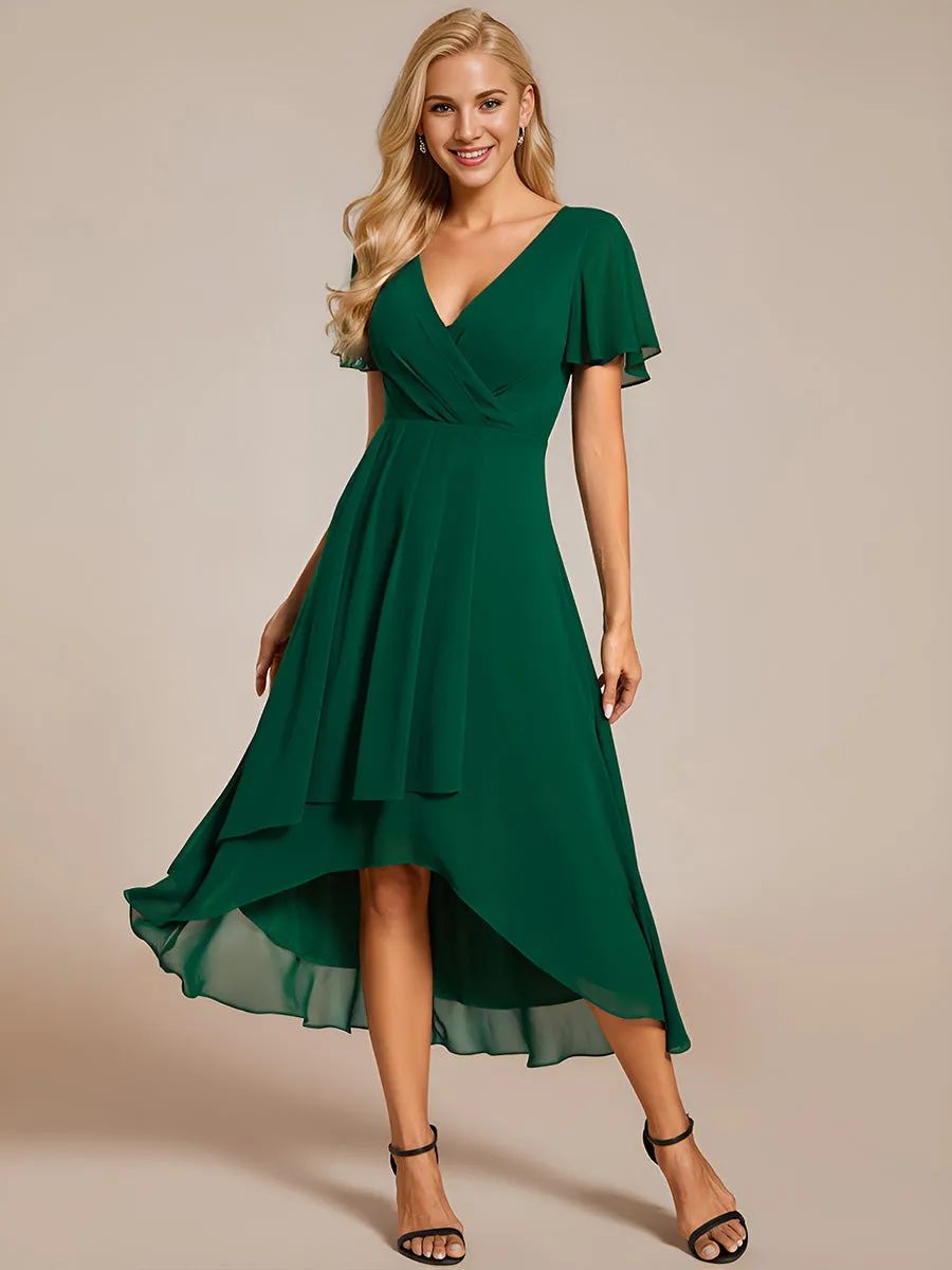 V-Neck Midi Chiffon Wedding Guest Dresses with Ruffles Sleeve