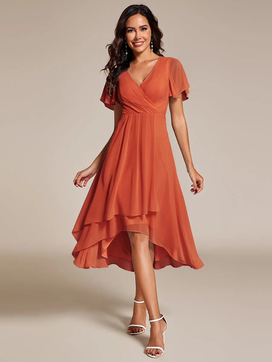 V-Neck Midi Chiffon Wedding Guest Dresses with Ruffles Sleeve