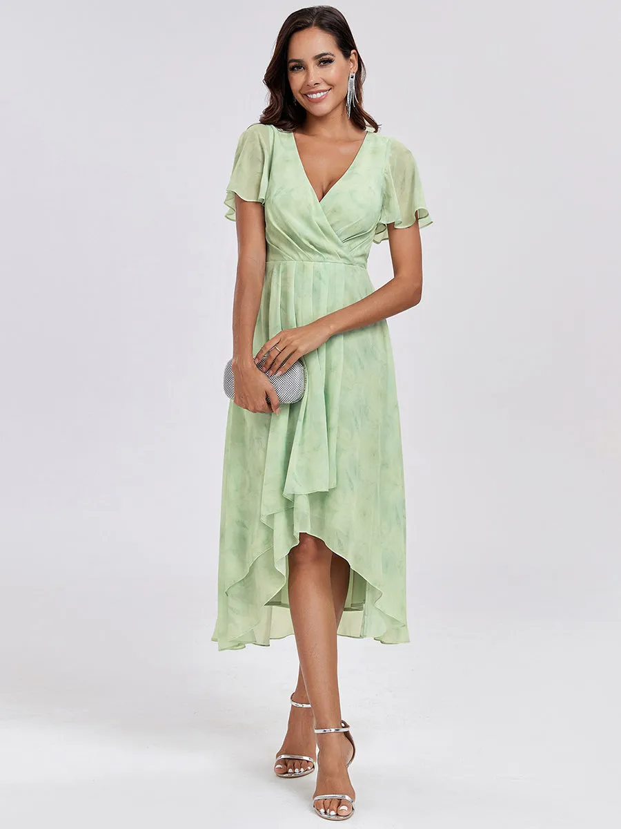 V-Neck Midi Chiffon Wedding Guest Dresses with Ruffles Sleeve