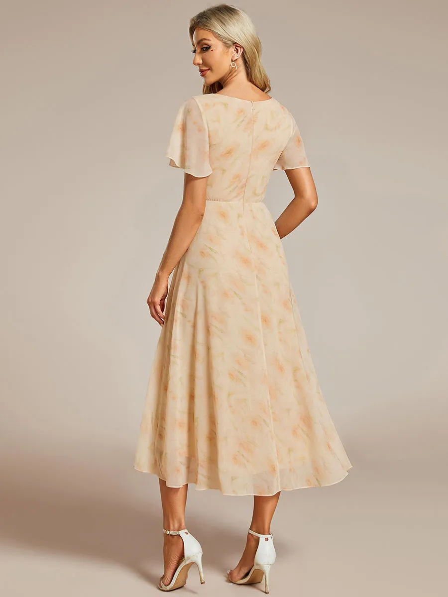 V-Neck Midi Chiffon Wedding Guest Dresses with Ruffles Sleeve