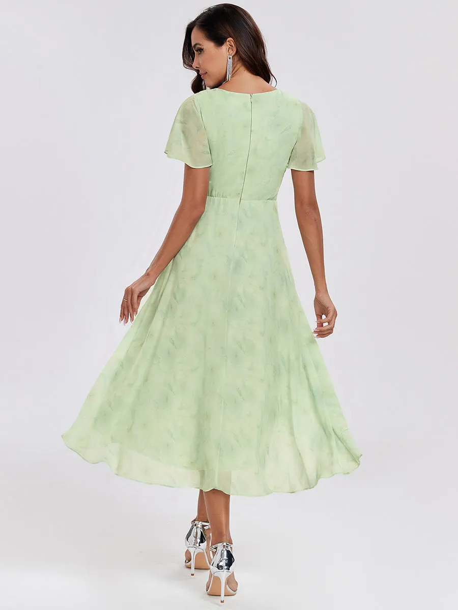 V-Neck Midi Chiffon Wedding Guest Dresses with Ruffles Sleeve