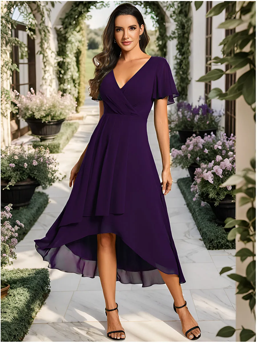 V-Neck Midi Chiffon Wedding Guest Dresses with Ruffles Sleeve