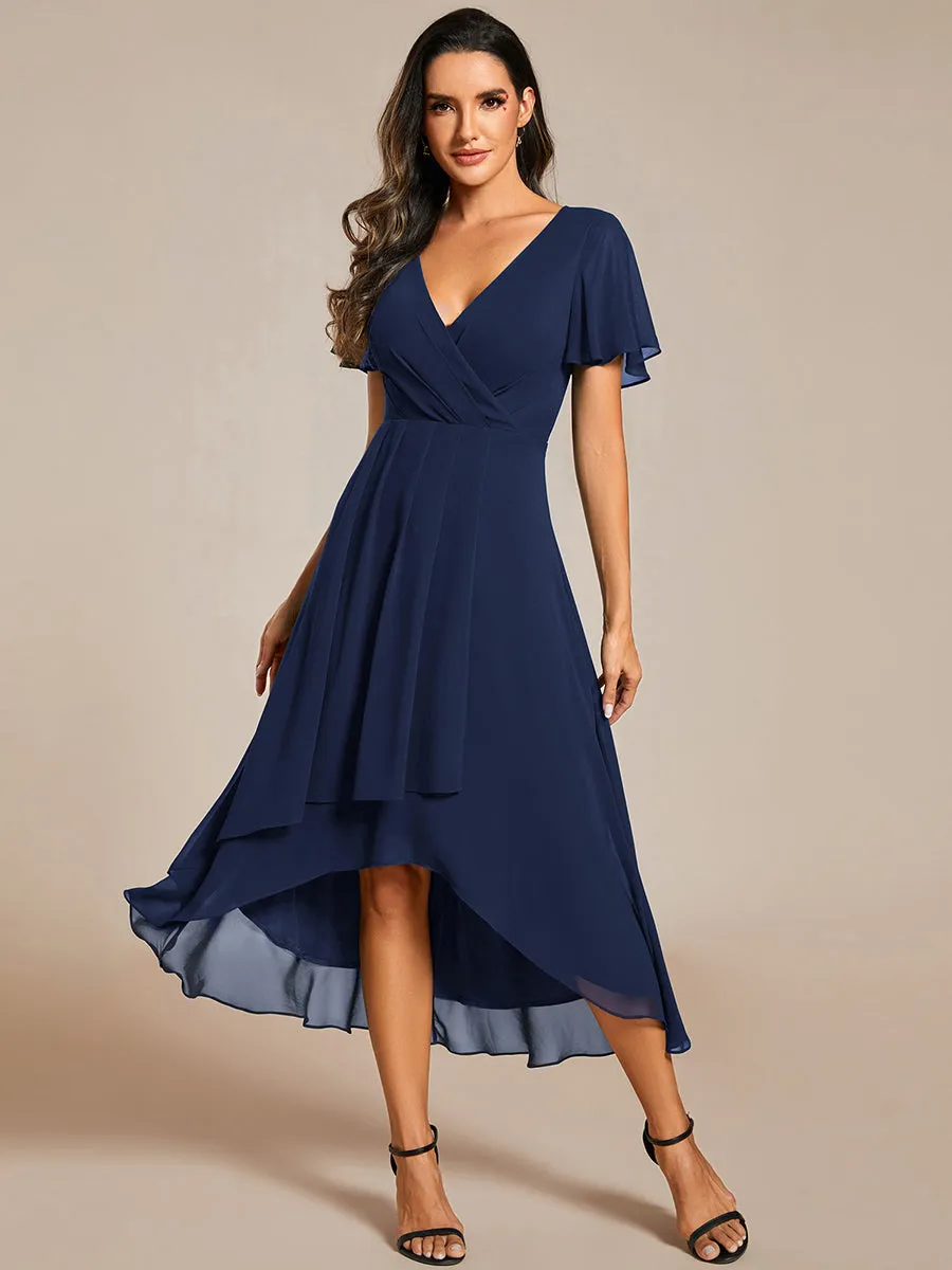 V-Neck Midi Chiffon Wedding Guest Dresses with Ruffles Sleeve