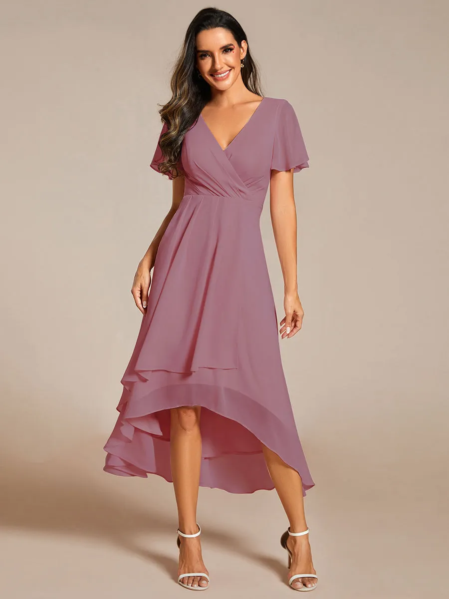 V-Neck Midi Chiffon Wedding Guest Dresses with Ruffles Sleeve