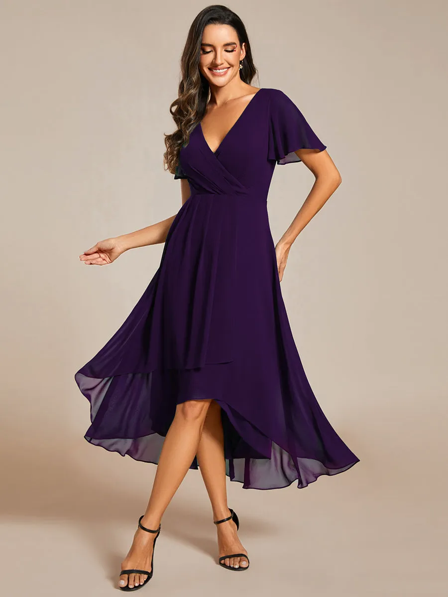 V-Neck Midi Chiffon Wedding Guest Dresses with Ruffles Sleeve