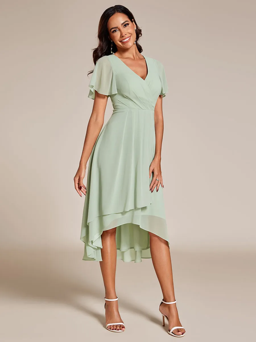 V-Neck Midi Chiffon Wedding Guest Dresses with Ruffles Sleeve