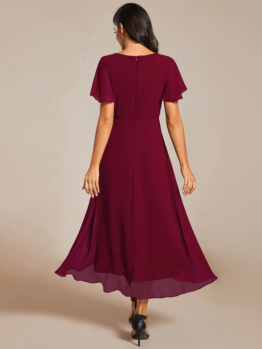 V-Neck Midi Chiffon Wedding Guest Dresses with Ruffles Sleeve