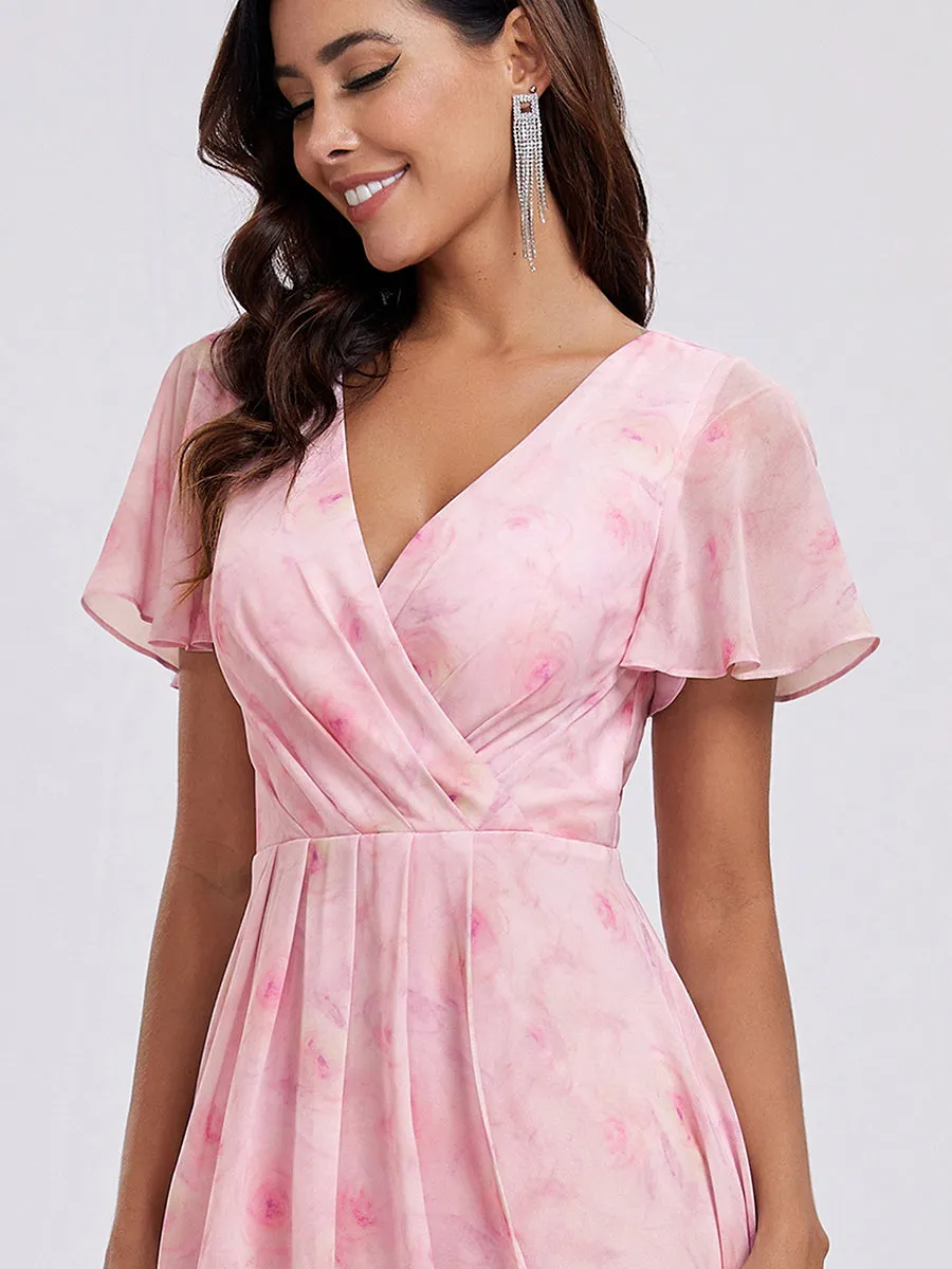 V-Neck Midi Chiffon Wedding Guest Dresses with Ruffles Sleeve