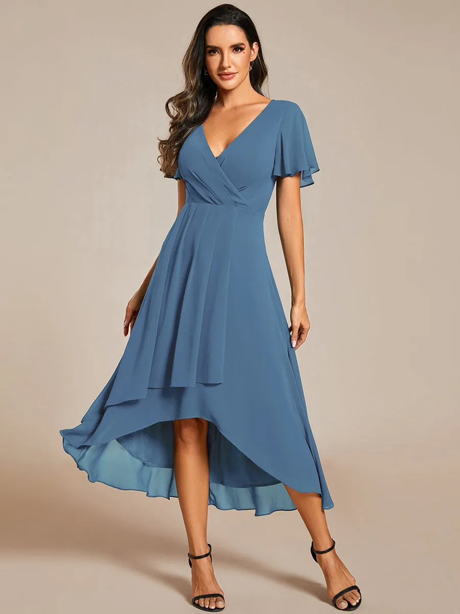 V-Neck Midi Chiffon Wedding Guest Dresses with Ruffles Sleeve