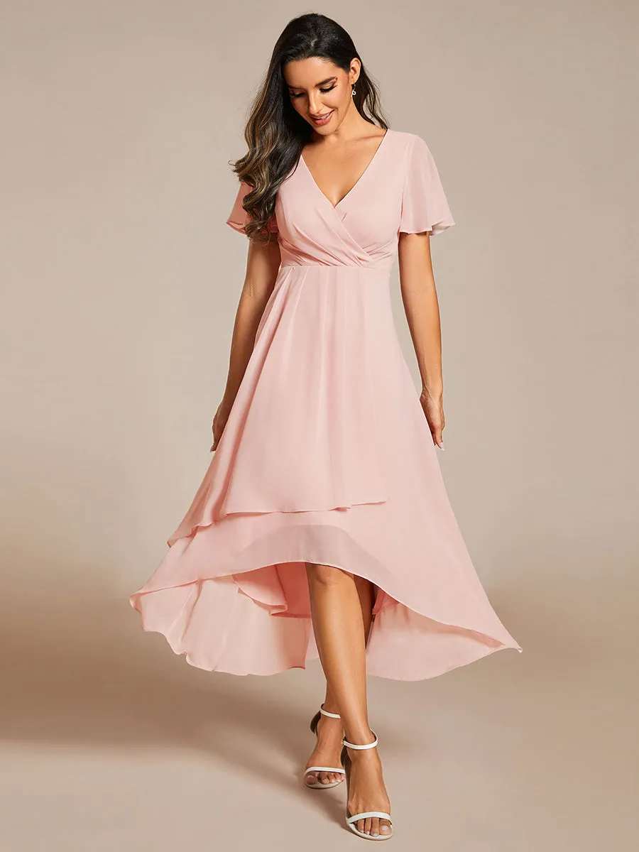 V-Neck Midi Chiffon Wedding Guest Dresses with Ruffles Sleeve