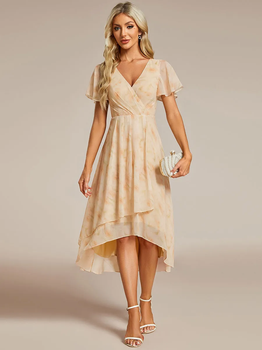 V-Neck Midi Chiffon Wedding Guest Dresses with Ruffles Sleeve