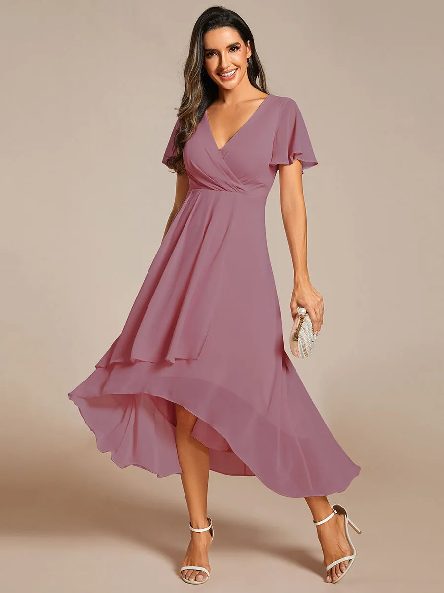 V-Neck Midi Chiffon Wedding Guest Dresses with Ruffles Sleeve