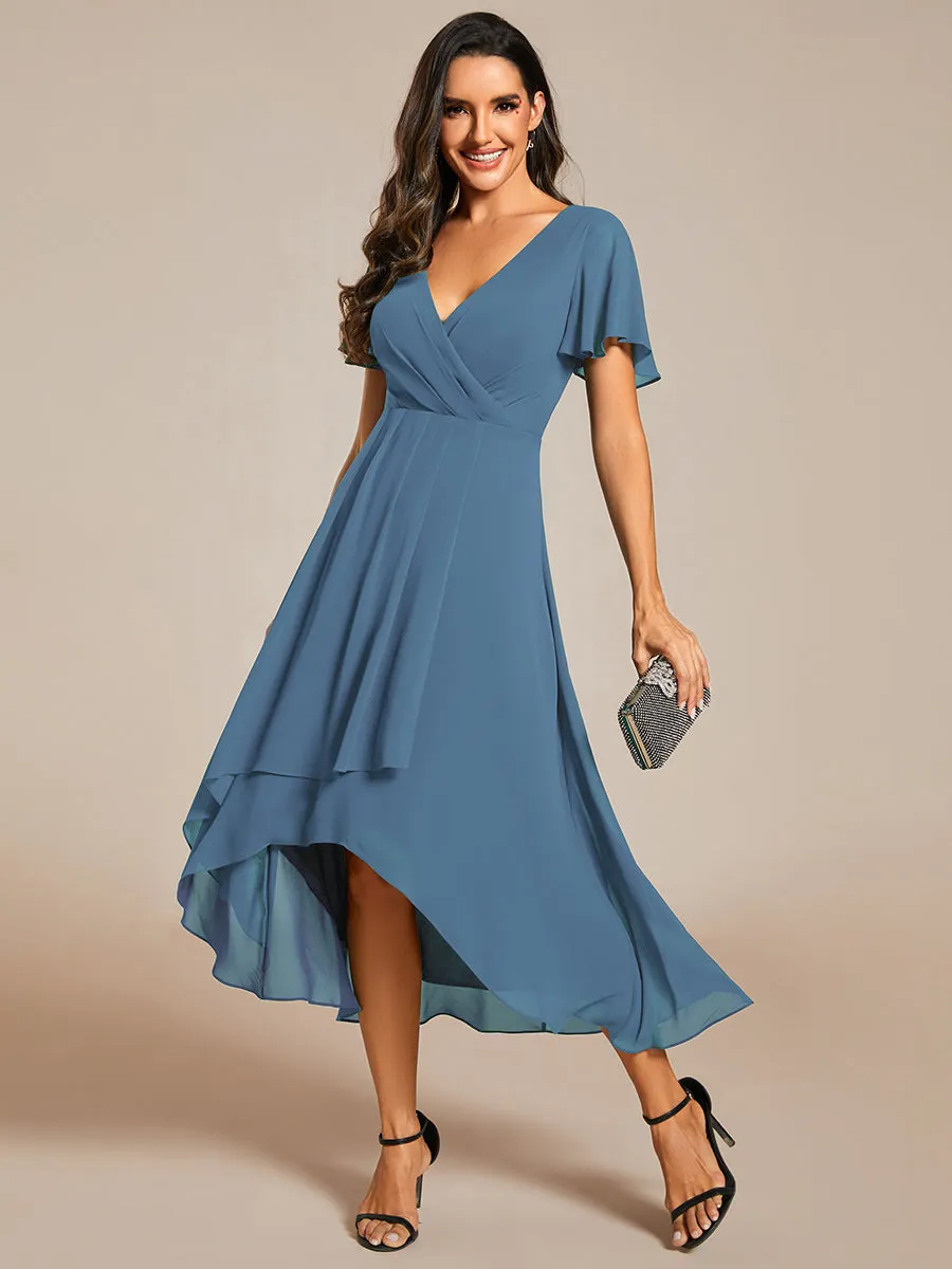 V-Neck Midi Chiffon Wedding Guest Dresses with Ruffles Sleeve