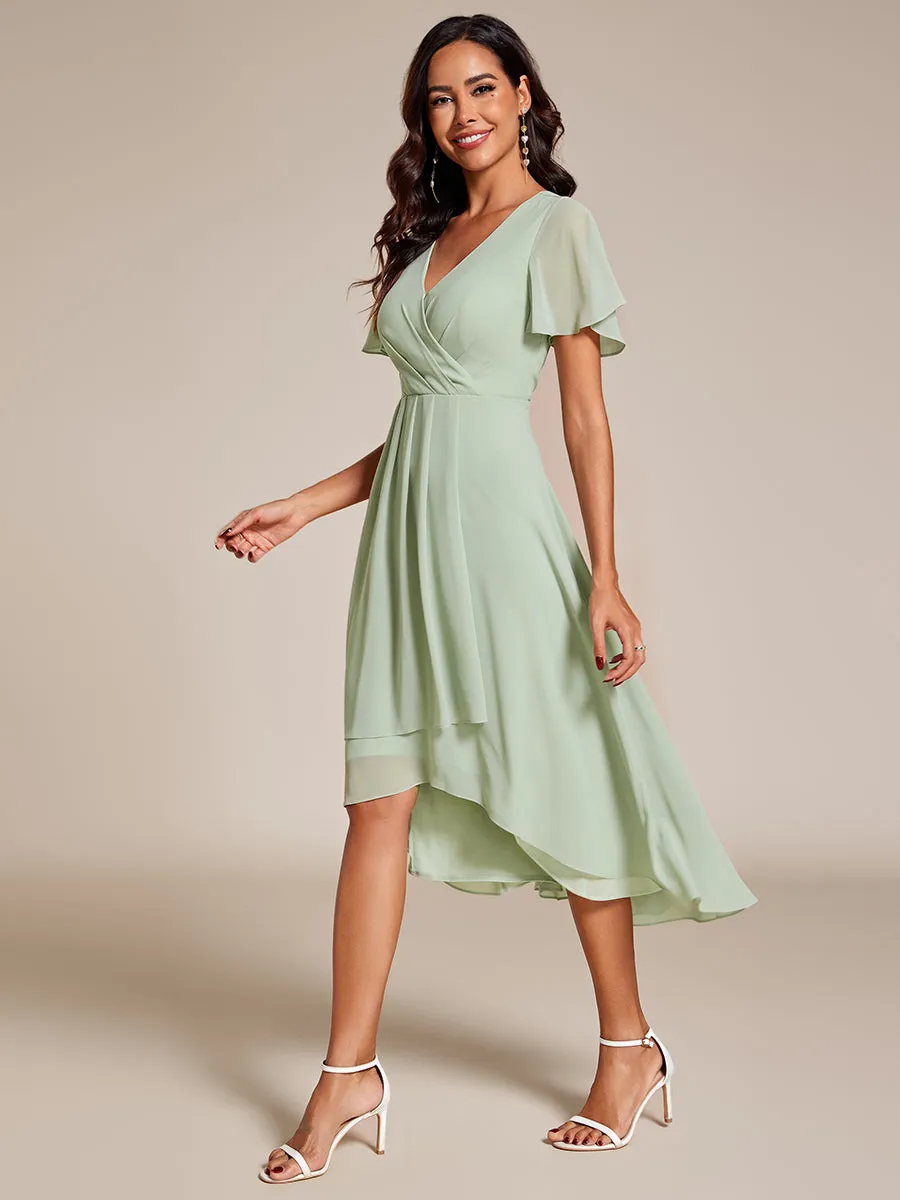 V-Neck Midi Chiffon Wedding Guest Dresses with Ruffles Sleeve