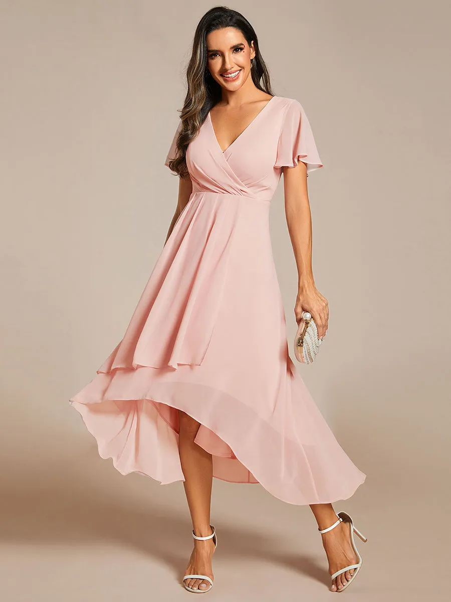 V-Neck Midi Chiffon Wedding Guest Dresses with Ruffles Sleeve