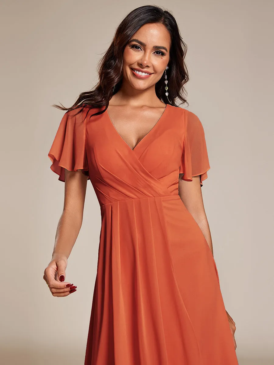 V-Neck Midi Chiffon Wedding Guest Dresses with Ruffles Sleeve