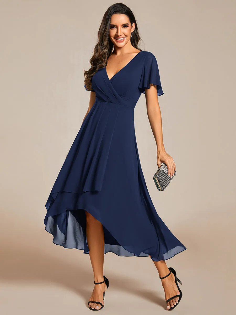 V-Neck Midi Chiffon Wedding Guest Dresses with Ruffles Sleeve