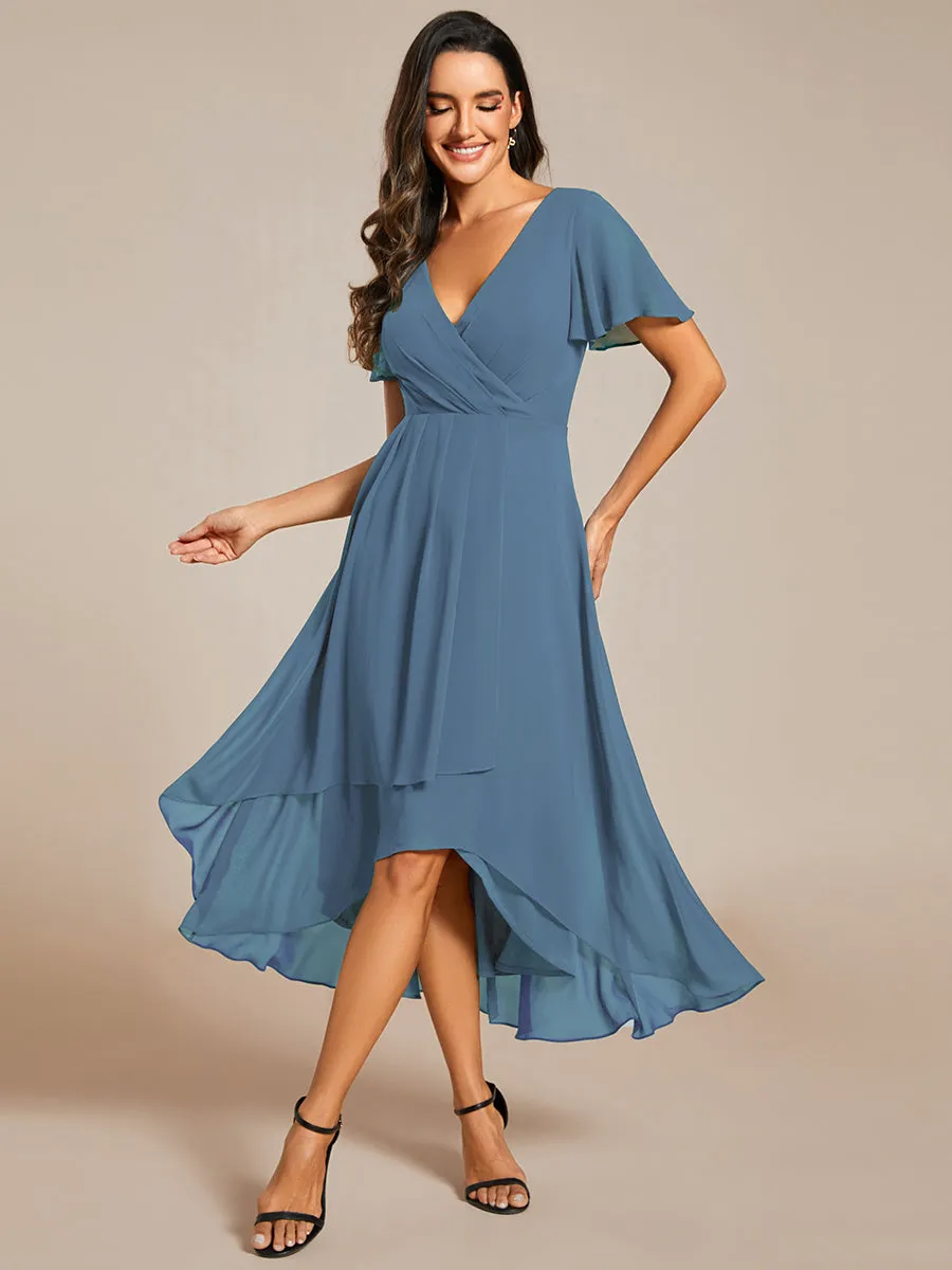 V-Neck Midi Chiffon Wedding Guest Dresses with Ruffles Sleeve