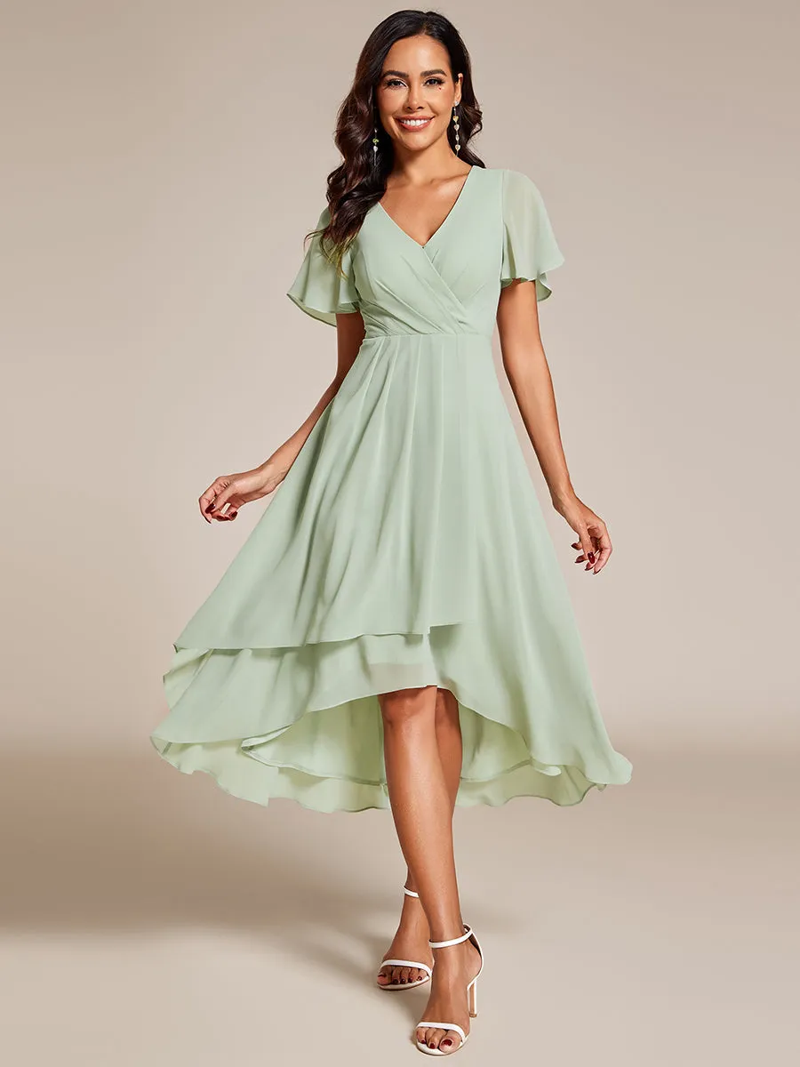 V-Neck Midi Chiffon Wedding Guest Dresses with Ruffles Sleeve