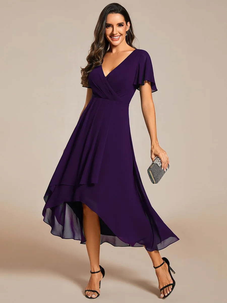 V-Neck Midi Chiffon Wedding Guest Dresses with Ruffles Sleeve