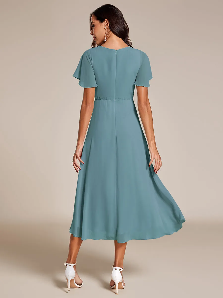 V-Neck Midi Chiffon Wedding Guest Dresses with Ruffles Sleeve