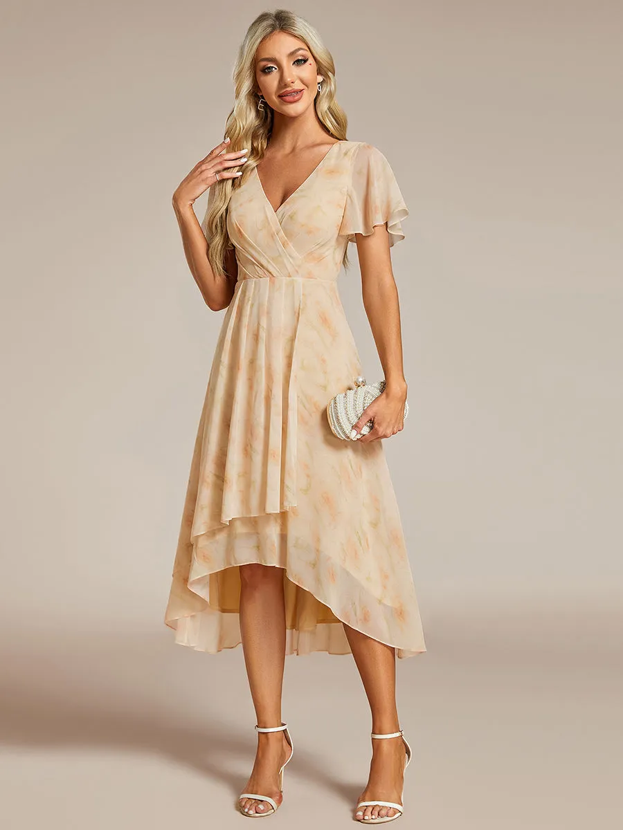 V-Neck Midi Chiffon Wedding Guest Dresses with Ruffles Sleeve