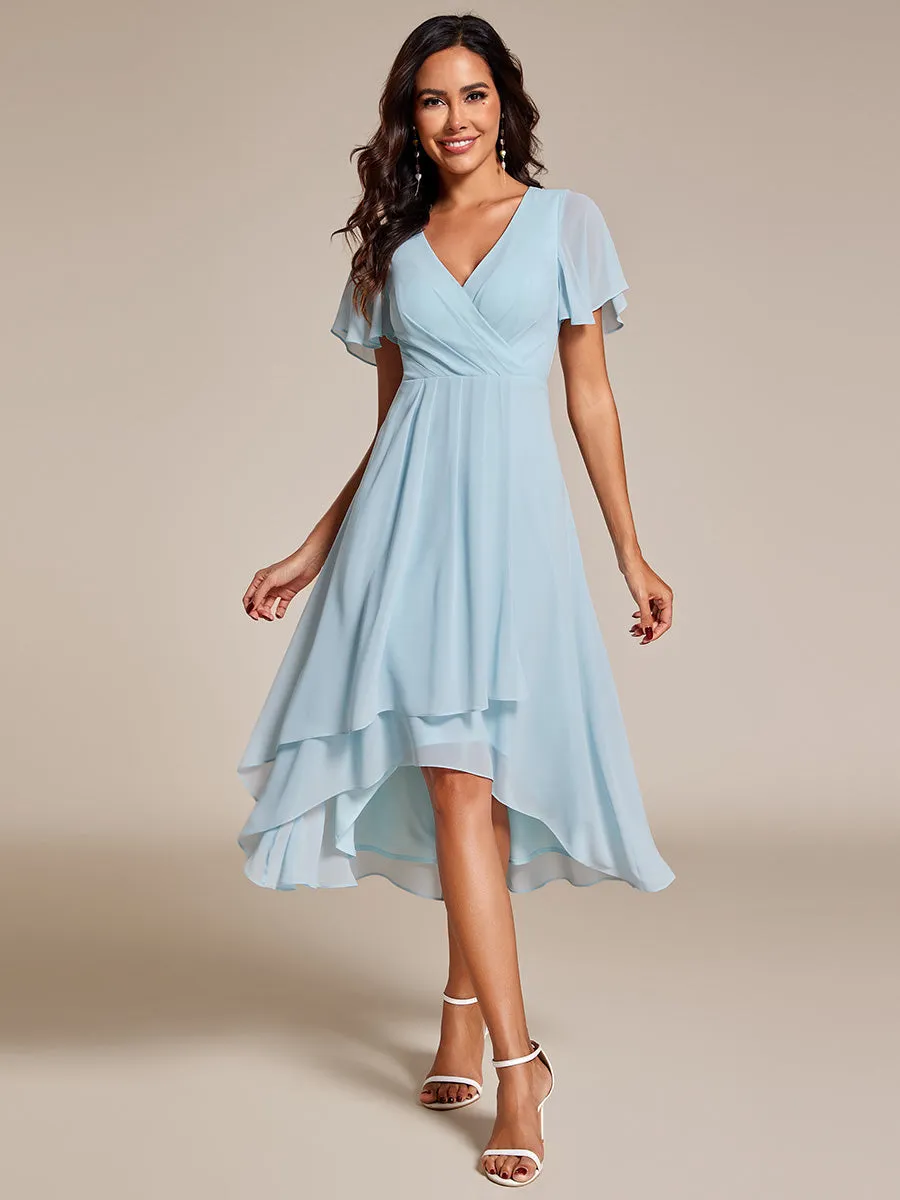 V-Neck Midi Chiffon Wedding Guest Dresses with Ruffles Sleeve