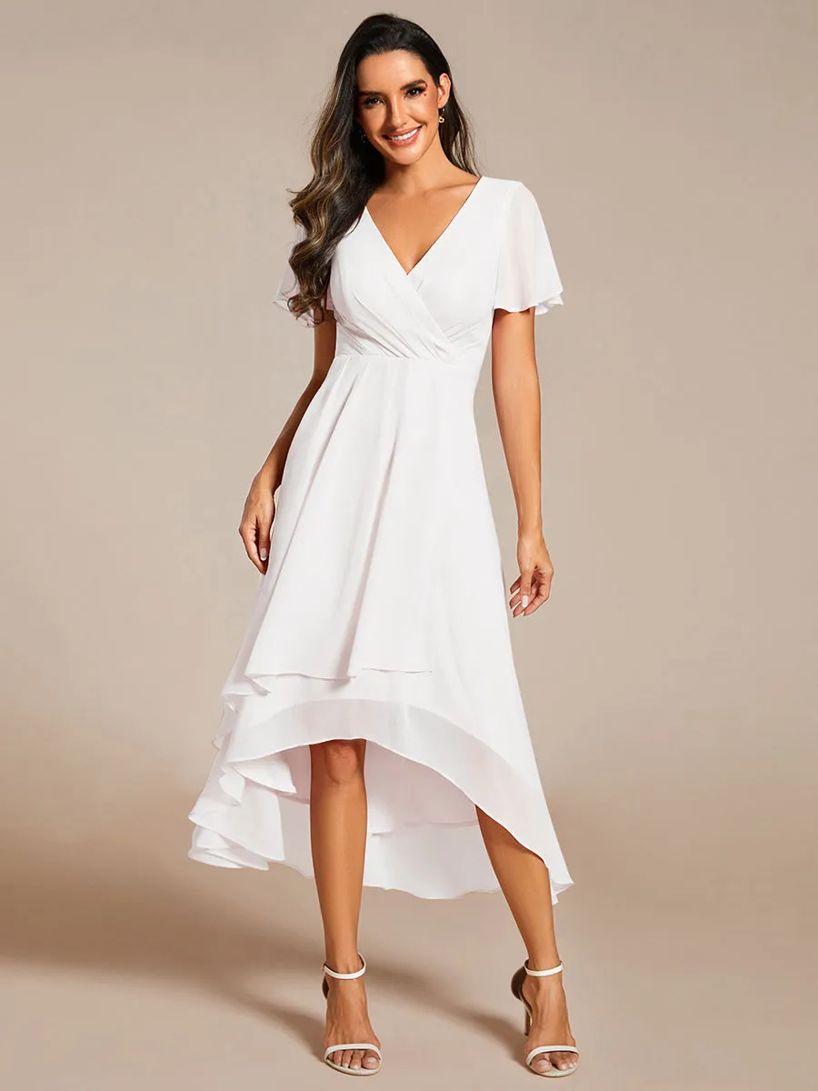 V-Neck Midi Chiffon Wedding Guest Dresses with Ruffles Sleeve