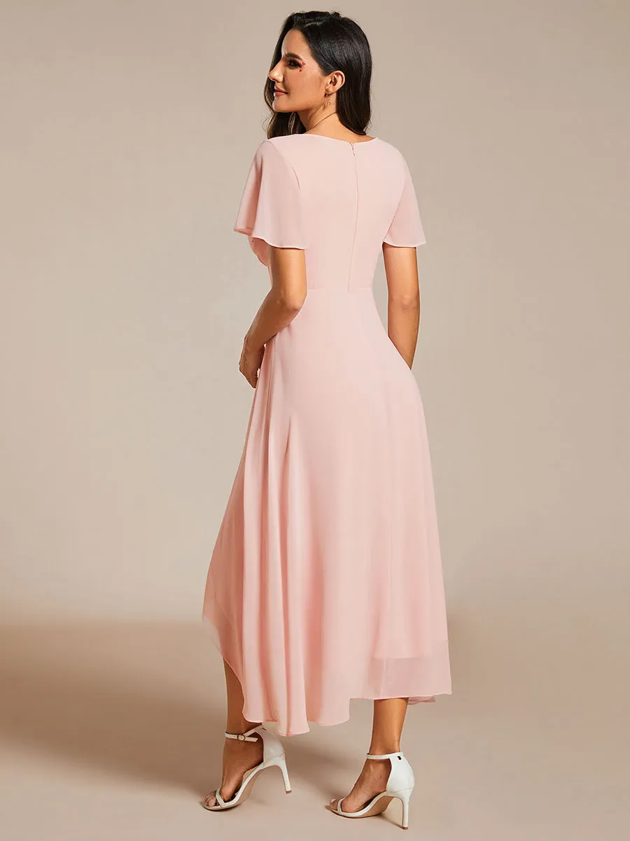 V-Neck Midi Chiffon Wedding Guest Dresses with Ruffles Sleeve