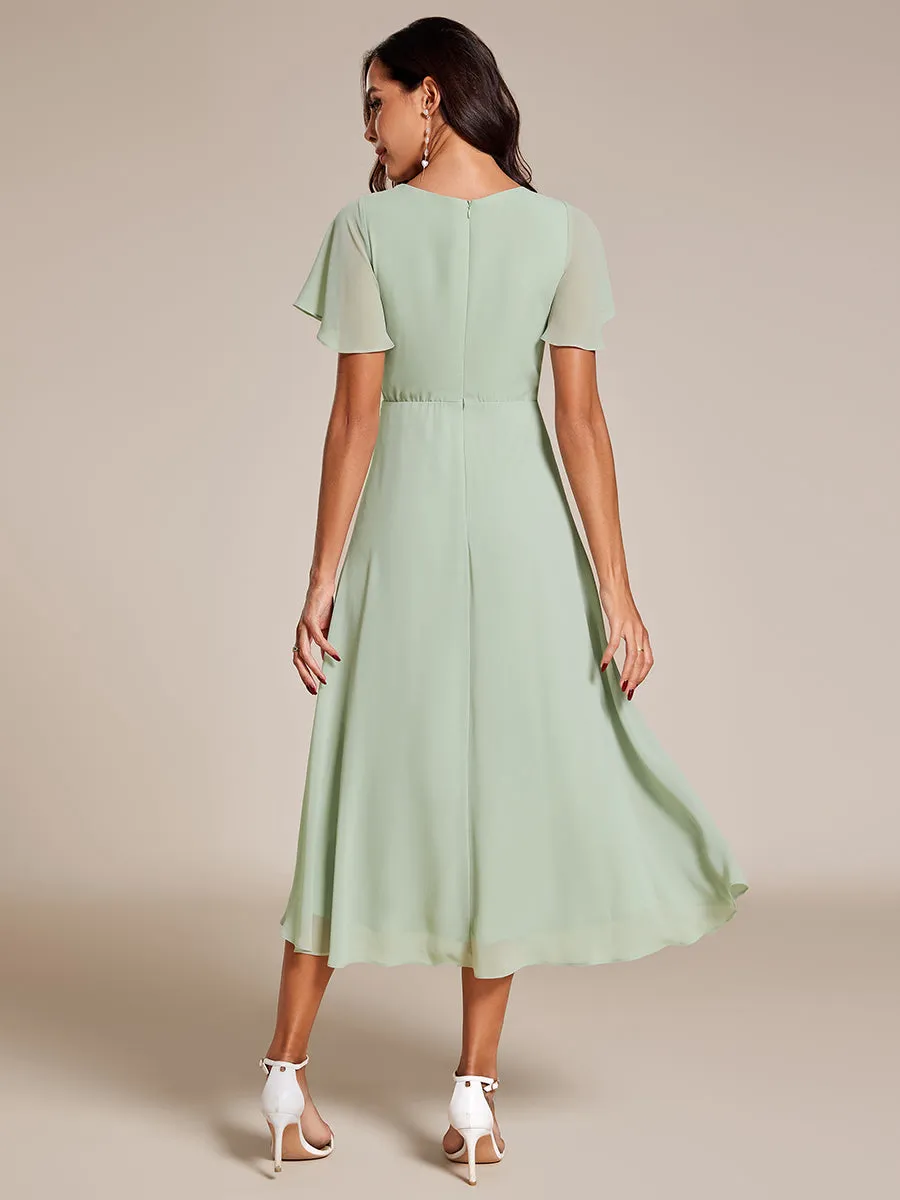 V-Neck Midi Chiffon Wedding Guest Dresses with Ruffles Sleeve