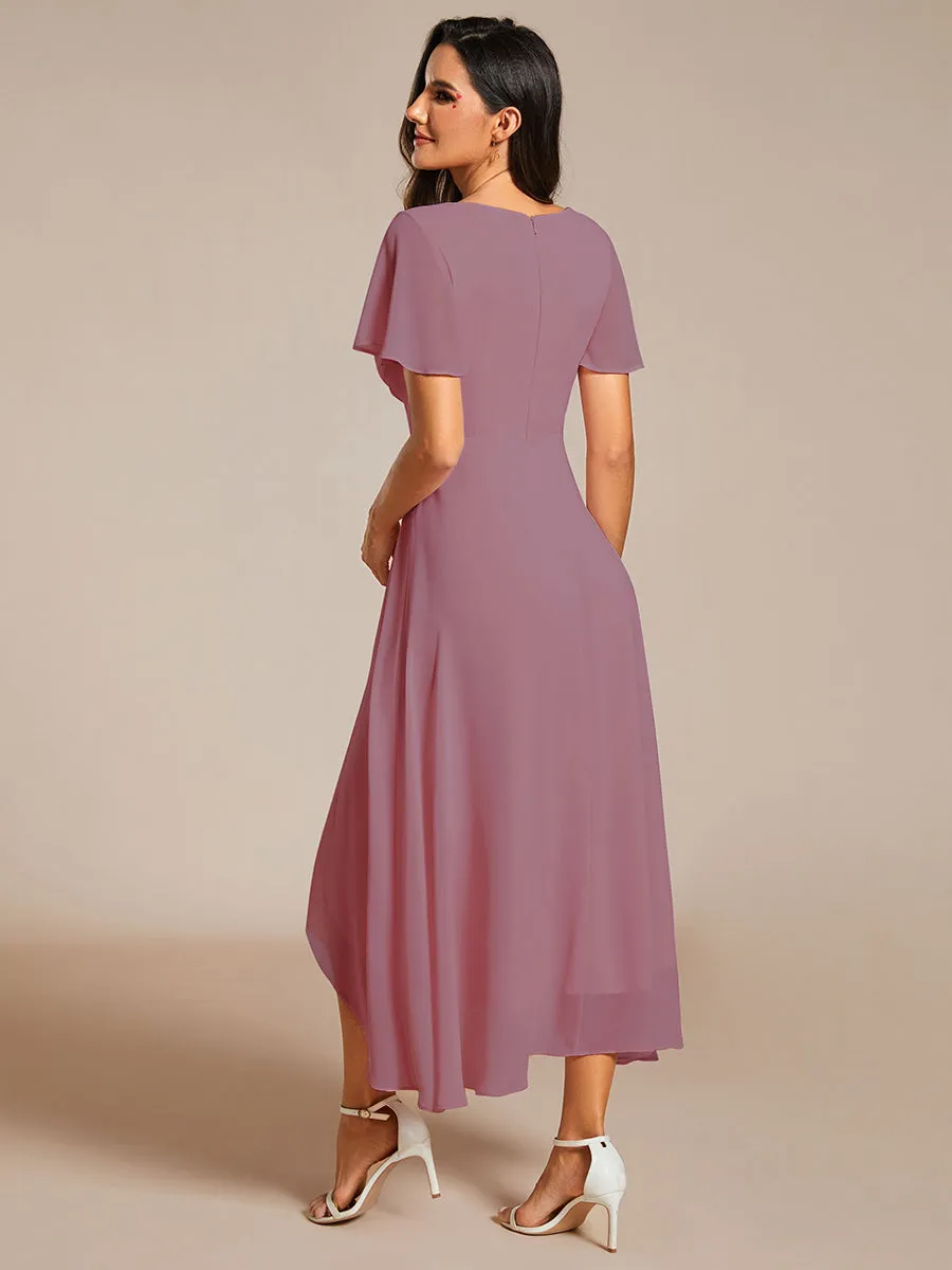 V-Neck Midi Chiffon Wedding Guest Dresses with Ruffles Sleeve