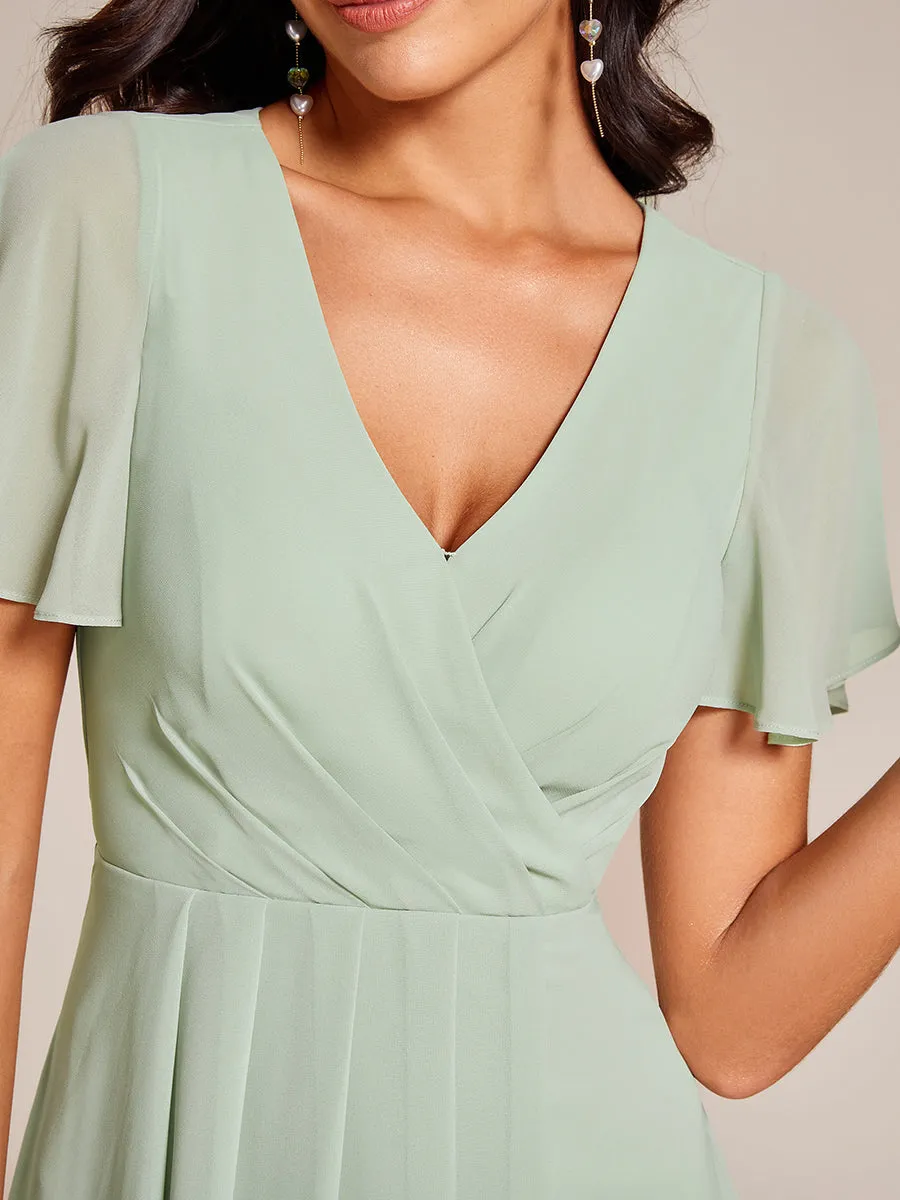 V-Neck Midi Chiffon Wedding Guest Dresses with Ruffles Sleeve